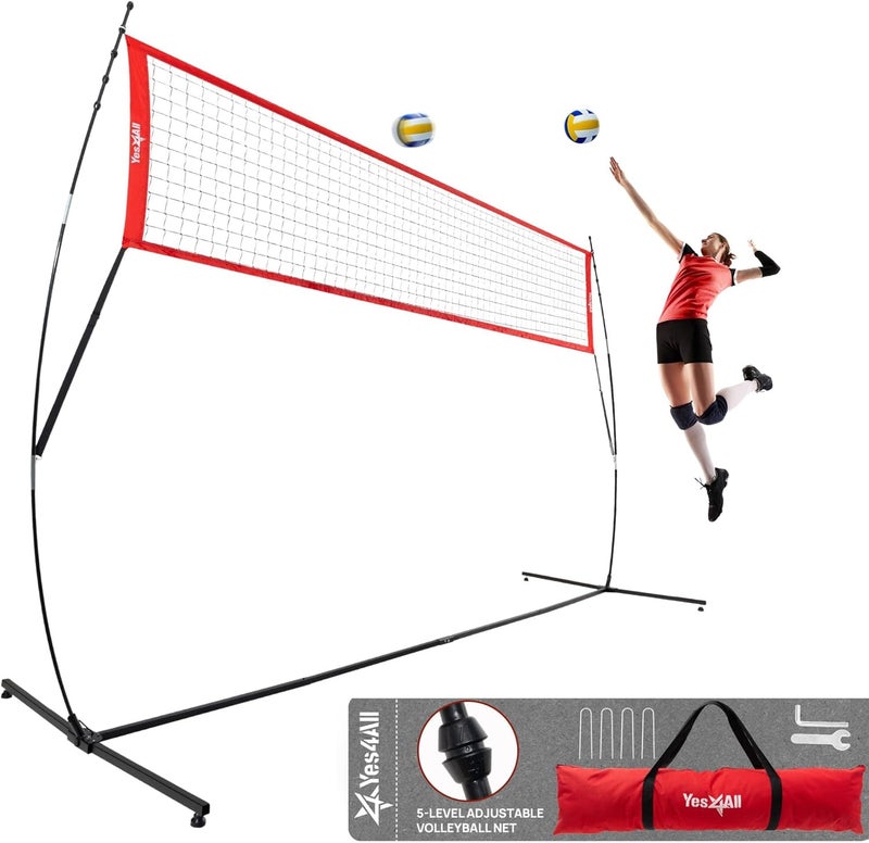 Yes4All شبكة كرة الطائرة المستقلة مع 5 ارتفاعات قابلة للتعديل، شبكة كرة طائرة محمولة بطول 12 قدم للحديقة والشاطئ، شريط وسط منخفض خاص لشبكة كرة الطائرة الخارجية لتقليل التعثر - Image 1